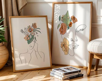 Flower Woman Line Art Prints - Minimalist Botanical Wall Decor for Bedroom