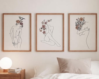 Flower Woman Print Set - Minimalist Body Positive Wall Art - Feminine Bedroom Decor