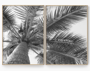 Palm Tree Print, Set of 2, Black and White Tropical Wall Art, Palm Tree Photography Poster Set, Tropical Art Print, Boho Bathroom Poster Set