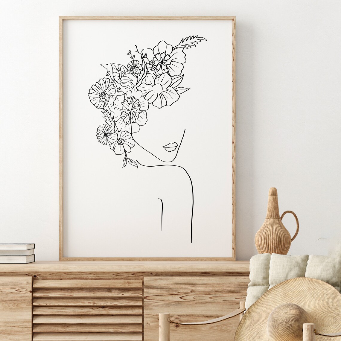 Head of Flowers Art Print Line Art Woman With Flower Poster | Etsy