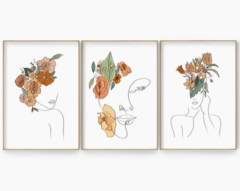 Woman With Flowers Line Art Set, Head of Flowers Art Print, Single Line Art Print, Female Line Art, One Line Drawing, Flower Woman Line Art