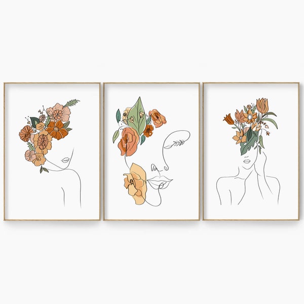 Frau mit Blumen Line Art Set, Kopf der Blumen Kunstdruck, Single Line Art Print, weibliche Linie Kunst, One Line Zeichnung, Flower Woman Line Art