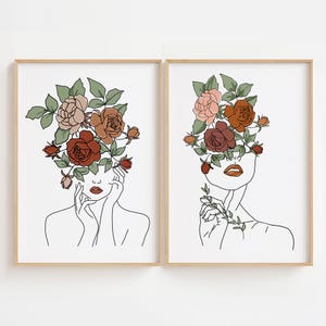 Dessin au trait capitule femme, lot de 2 impressions, dessin au trait abstrait femme, impression capitule, art mural féminin fleur, dessin au trait féminin affiche