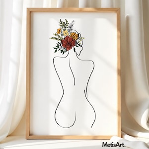May include: A framed wall art print featuring a black line drawing of a human back and shoulders. A colorful floral arrangement in shades of red, orange, yellow, and green sits atop the head. The text MetisArt is printed in the bottom right corner.