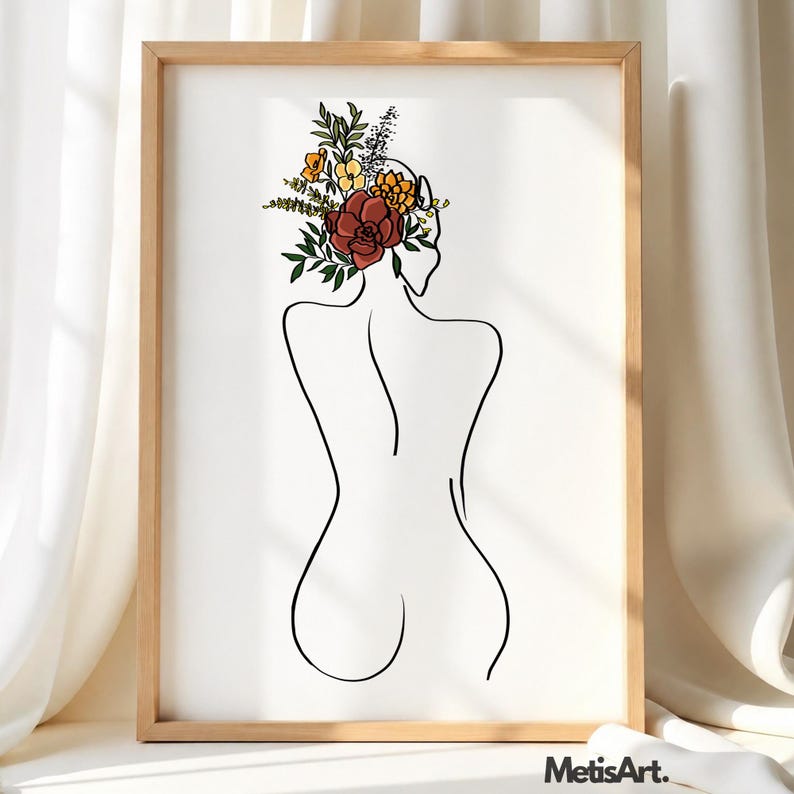May include: A framed wall art print featuring a black line drawing of a human back and shoulders. A colorful floral arrangement in shades of red, orange, yellow, and green sits atop the head. The text MetisArt is printed in the bottom right corner.