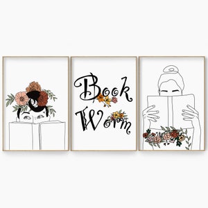 Colorful Floral Woman Book Print Set, Book Lover Gift, Reading Book Poster, Reading Nook Poster, Flower Bookworm Quote, Housewarming Gift