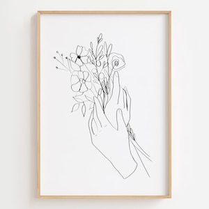Impression d'art main de femme avec fleur, impression d'art main de femme fleur, affiche d'art ligne botanique, main tenant une fleur d'art mural imprimable