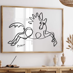 Black-and-white art print of a horse in mid-jump, sketched in continuous looping lines with Picasso’s signature below.