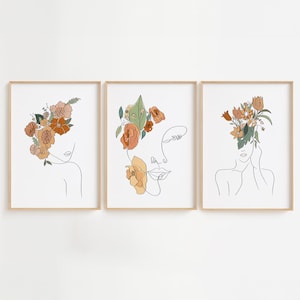 Conjunto de arte lineal de mujer con flores, impresión artística de cabeza de flores, impresión artística de una sola línea, arte lineal femenino, dibujo de una línea, arte lineal de mujer con flores