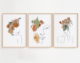 Woman With Flowers Line Art Set, Head of Flowers Art Print, Single Line Art Print, Female Line Art, One Line Drawing, Flower Woman Line Art