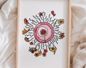 Lámina artística con diseño floral de óvulo y espermatozoide para la decoración de paredes de clínicas de fertilidad, FIV y ginecología y obstetricia.