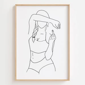 Middle Finger Line Art Print, Feminist Wall Art Print, Hand Gesture Poster, Woman Body Line Art, Dorm Room Poster, Woman Illustration