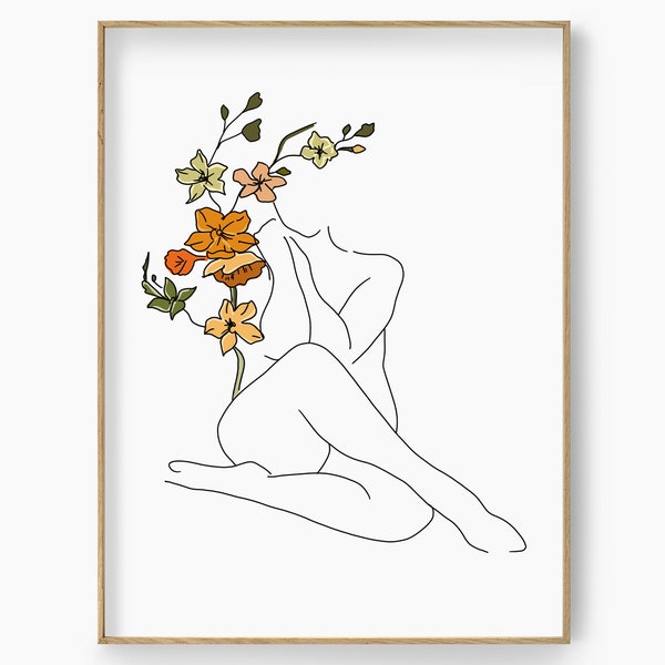 Body Positive Flower Woman Line Art, Curvy Woman Art Decor, Feminist Art Poster, Plus Size Woman Body Sketch, Feminine Self Love Poster