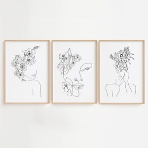 Arte lineal minimalista con mujer con flores, juego de 3 impresiones de mujer, arte de cabeza de flores, arte de pared para dormitorio, impresión artística de cabeza de flor, arte lineal feminista