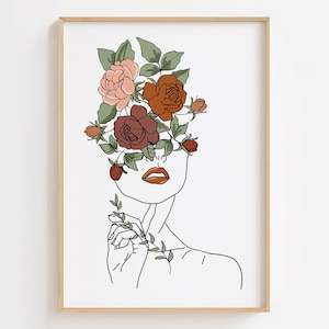 Impresión de dibujo de línea femenina, dibujo de línea de flores, boceto de arte de pared de mujer, póster de mujer con flores, arte de línea de figura femenina, decoración de pared de dormitorio