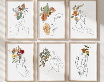 Juego de láminas artísticas Floral Woman - 6 piezas de decoración botánica para pared