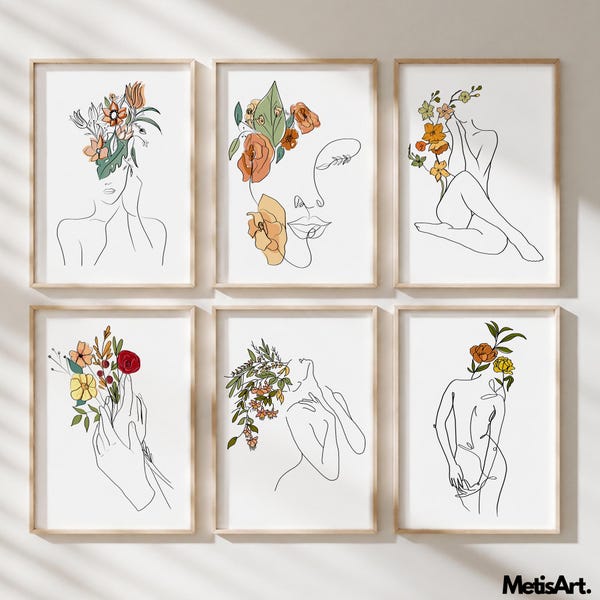 Ensemble d'impressions d'art floral woman - 6 pièces de décoration murale pour galerie botanique
