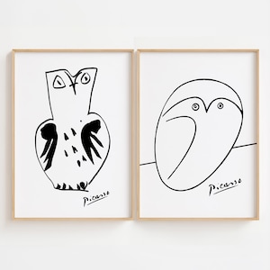 Set of 2 Picasso Owls Wall Art Picasso Animal Print Picasso Poster Picasso Bird Art Printable Picasso Art Print Minimalist Line Drawing Art