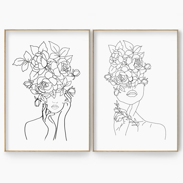 Flower Head Female Line Art, Set of 2 Prints, Head of Flowers Woman Wall Art, Abstract Female Line Art Print, Plant Head Woman Poster