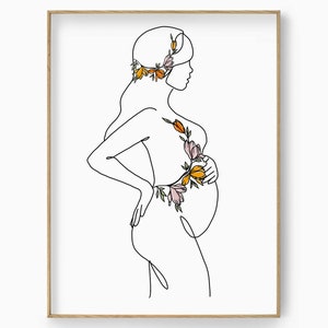 Floral Pregnant Woman Body Print, Flower Pregnancy Wall Art, Motherhood Line Art, Mom To Be Poster, Baby Announcement, Midwife Artwork Gift