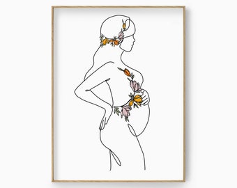 Floral Pregnant Woman Body Print, Flower Pregnancy Wall Art, Motherhood Line Art, Mom To Be Poster, Baby Announcement, Midwife Artwork Gift