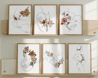 Pósteres florales de maternidad - Juego de 6 láminas para embarazadas - Decoración para consultorio de matrona