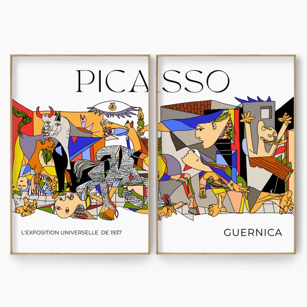 Colorful Picasso Poster, Guernica Art Prints, Picasso Famous Painting, Picasso Wall Decor, Exhibition Artwork, Modern Illustration, Set of 2