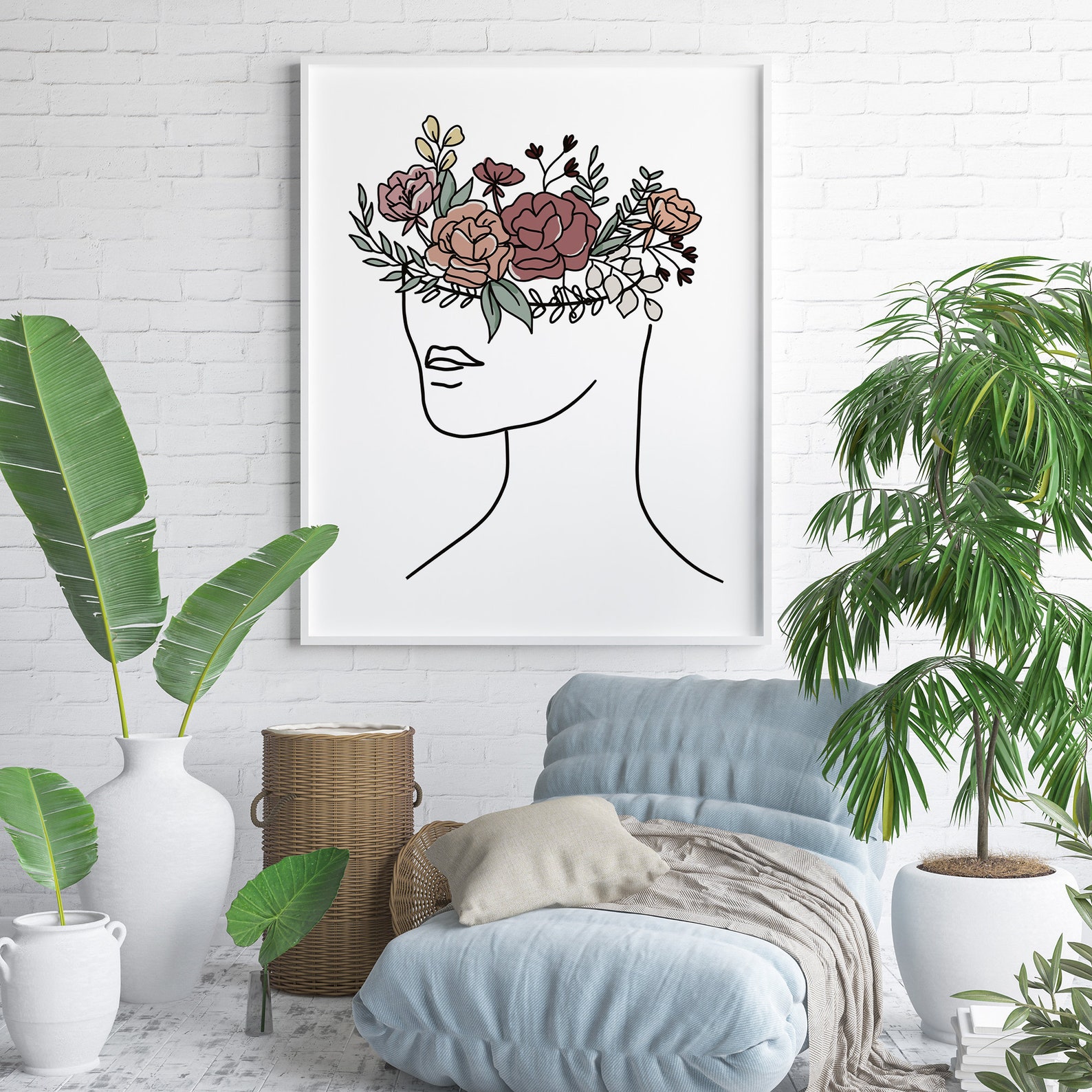 Linie Kunst Frau mit Blumen Kopf der Blumen Linie Kunstdruck | Etsy