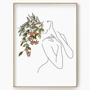 Head of Flowers Art, Flower Head Poster, Woman Body Line Art, Line Drawing Woman Print, Female Line Art, Wall Art Sketch Woman, Illustration