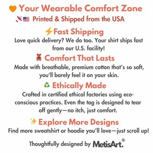 May include: Text graphic with the words "Your Wearable Comfort Zone" and "Printed & Shipped from the USA." Additional text highlights fast shipping, comfort, and ethical production. The brand name "MetisArt" is also visible.
