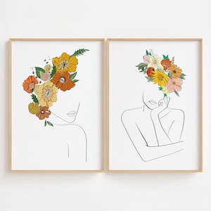 Frauenkopf der Blumen Line Art Set, Blumenkopf-Druckset, Frauengesichtlinie Zeichnung, weiblicher Blumenkopf-Wandkunst, Frau Illustration Kunst Set