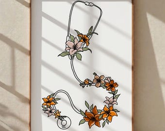 Floral Stethoscope Line Art Print - Doctor Gift - Medical Clinic Wall Decor