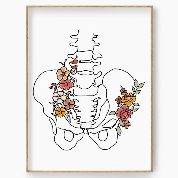 Floral Pelvic Anatomy Print,  Flowery Pelvic Floor Art, Chiropractic Poster, Pelvis Hips Wall Art, Orthopedic Art Print, Bone Illustration