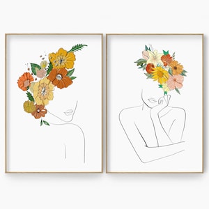 Woman Head of Flowers Line Art Set, Flower Head Print Set, Woman Face Line Drawing, Female Flower Head Wall Art, Woman Illustration Art Set