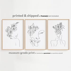 Dessin au trait fleur femme, imprimé floral visage de femme, lot de 3, dessin au trait femme, lot de 3 oeuvres d'art murales de la galerie, ensemble d'affiches de femme minimaliste