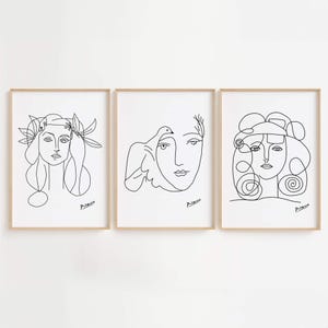 Picasso Inspired Woman Face Line Art Prints: Abstract Sketch (Digital Download Set of 3)