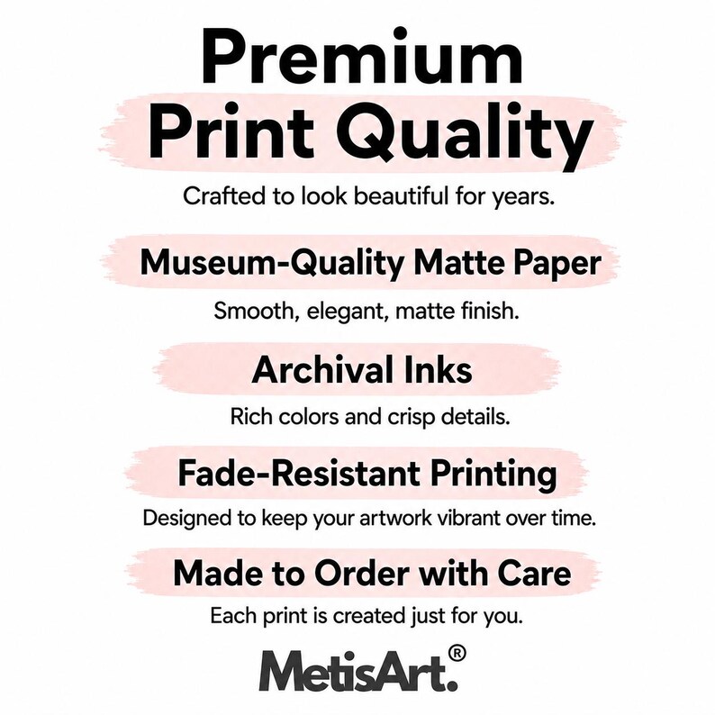 K&ouml;nnte beinhalten: Wei&szlig;er Hintergrund mit schwarzem und rosa Text. Der Text lautet "Premium Print Quality", "Museum-Quality Matte Paper", "Archival Inks", und "Fade-Resistant Printing". Das MetisArt-Logo ist unten.