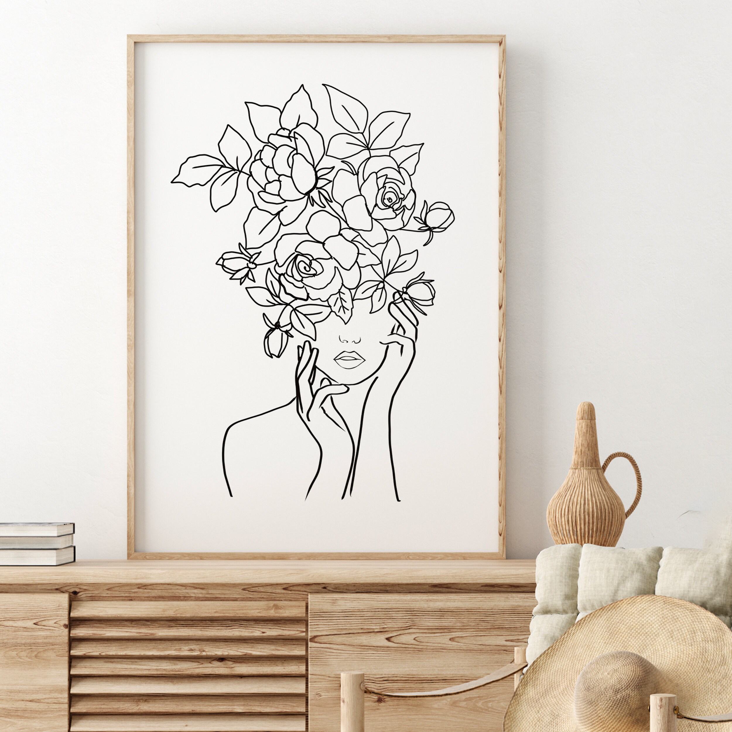 Blumenkopf Weibliche Line Art Rosenkopf Frau Wandkunst Frau Etsy.de