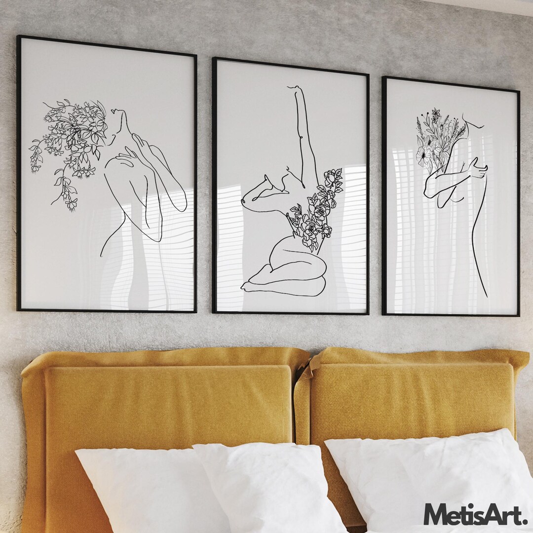 Floral Woman Line Art Print Set of 3 - Minimalist Botanical Triptych ...