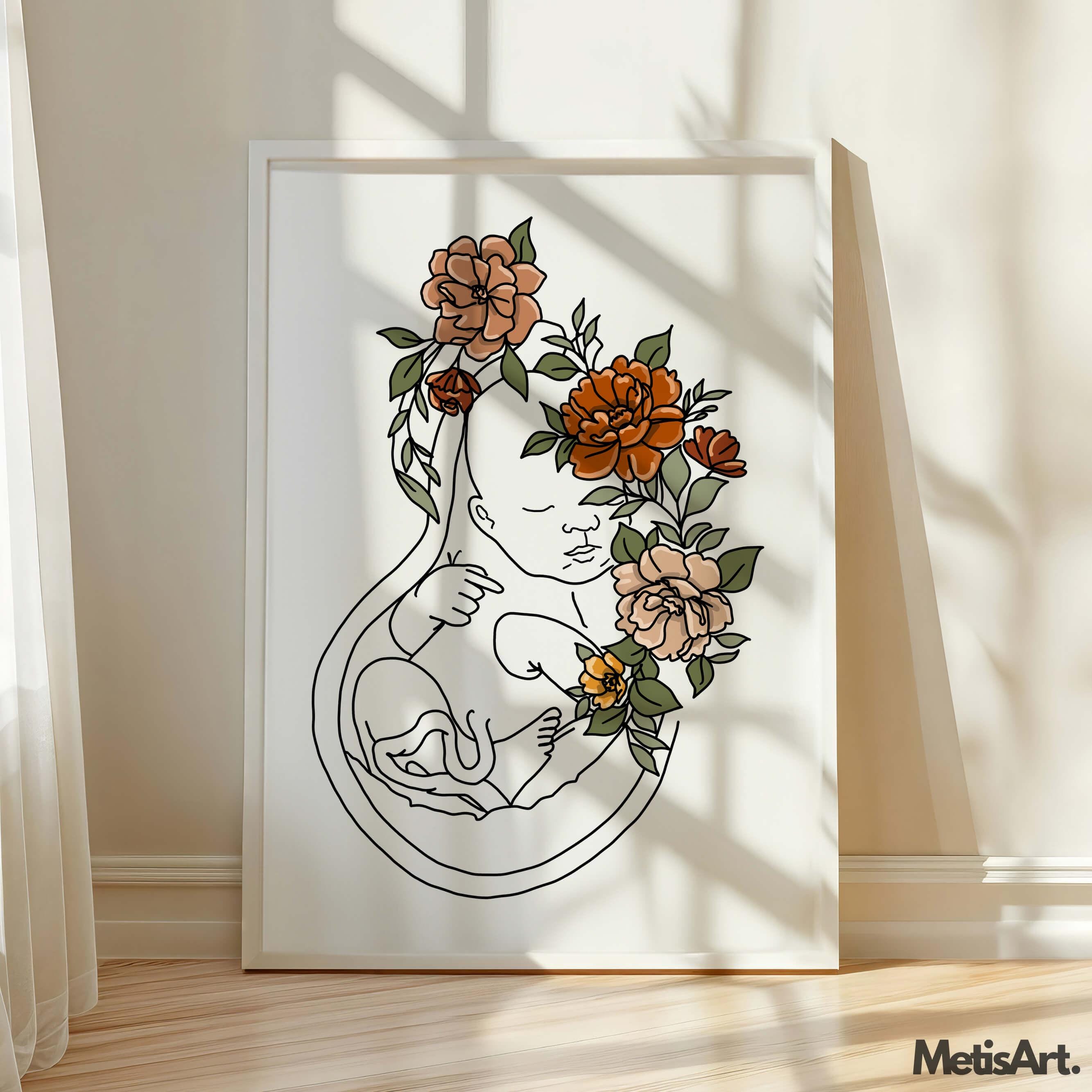 Floral Pregnancy Line Art - Minimalist Fetus in Uterus Print - Midwife ...