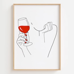 Impresión de arte de línea de vino, arte de pared de vino de mujer, póster de vino tinto, impresión de arte de amante del vino, impresión de alcohol minimalista, arte de pared de bar, dibujo de línea de mujer