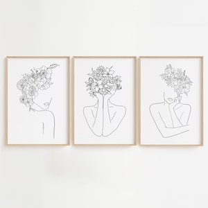 Dessin au trait floral femme, impression d'art femme abstraite, lot de 3 oeuvres d'art murales de la galerie, impression nordique moderne, dessin au trait féminin fleur minimaliste