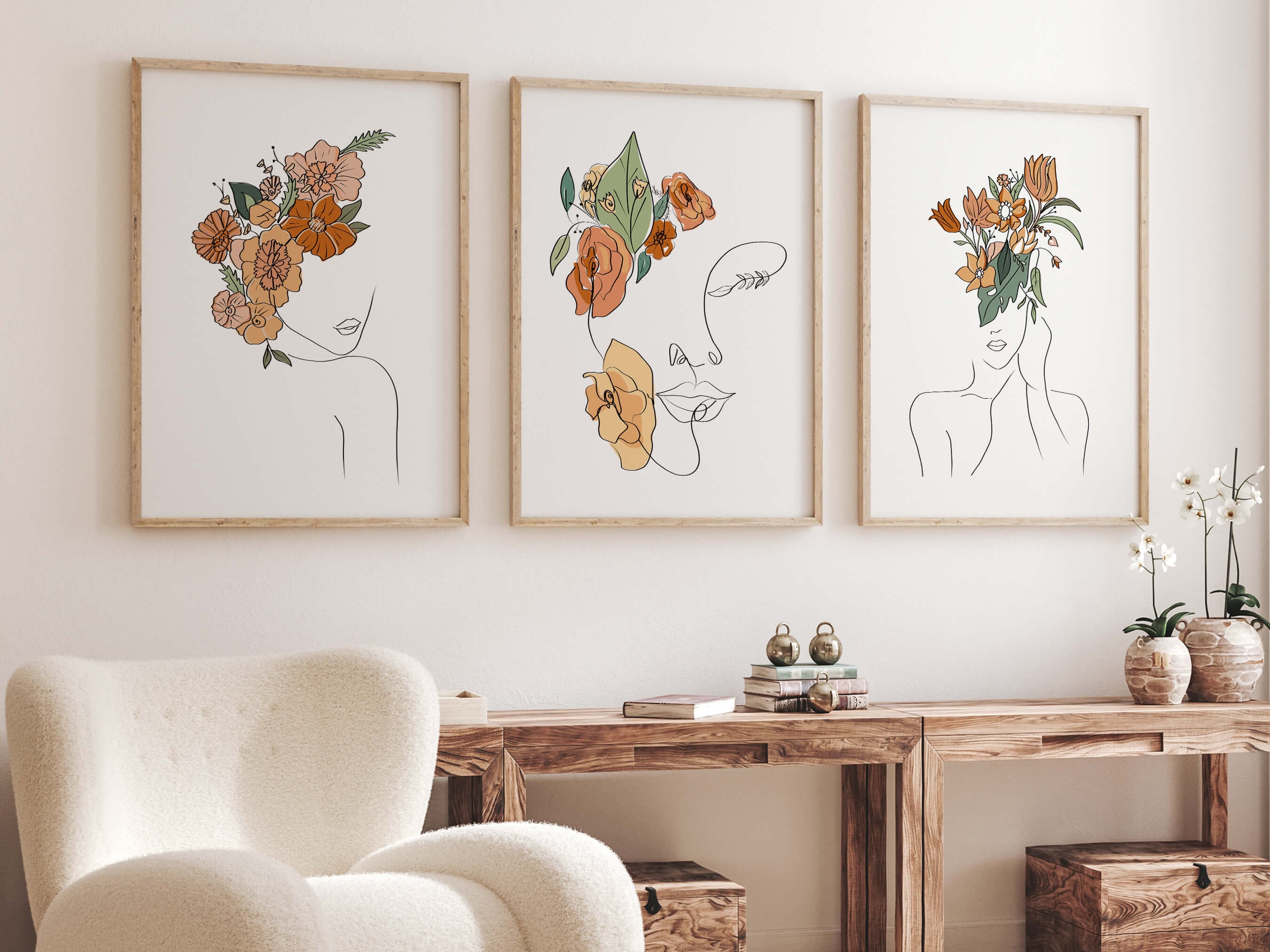 Boho Woman Line Art Print Set: Floral Female Portrait, Set of 3 - Etsy
