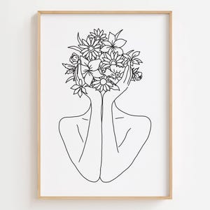 Floral Woman Line Art Print: Abstract Minimalist Decor (Digital Download)