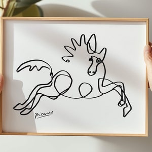 Monochrome line art of a horse rearing or leaping, created with a single fluid stroke—whimsical and modern.