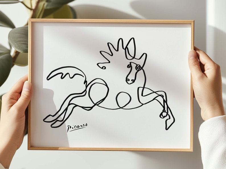 Monochrome line art of a horse rearing or leaping, created with a single fluid stroke—whimsical and modern.