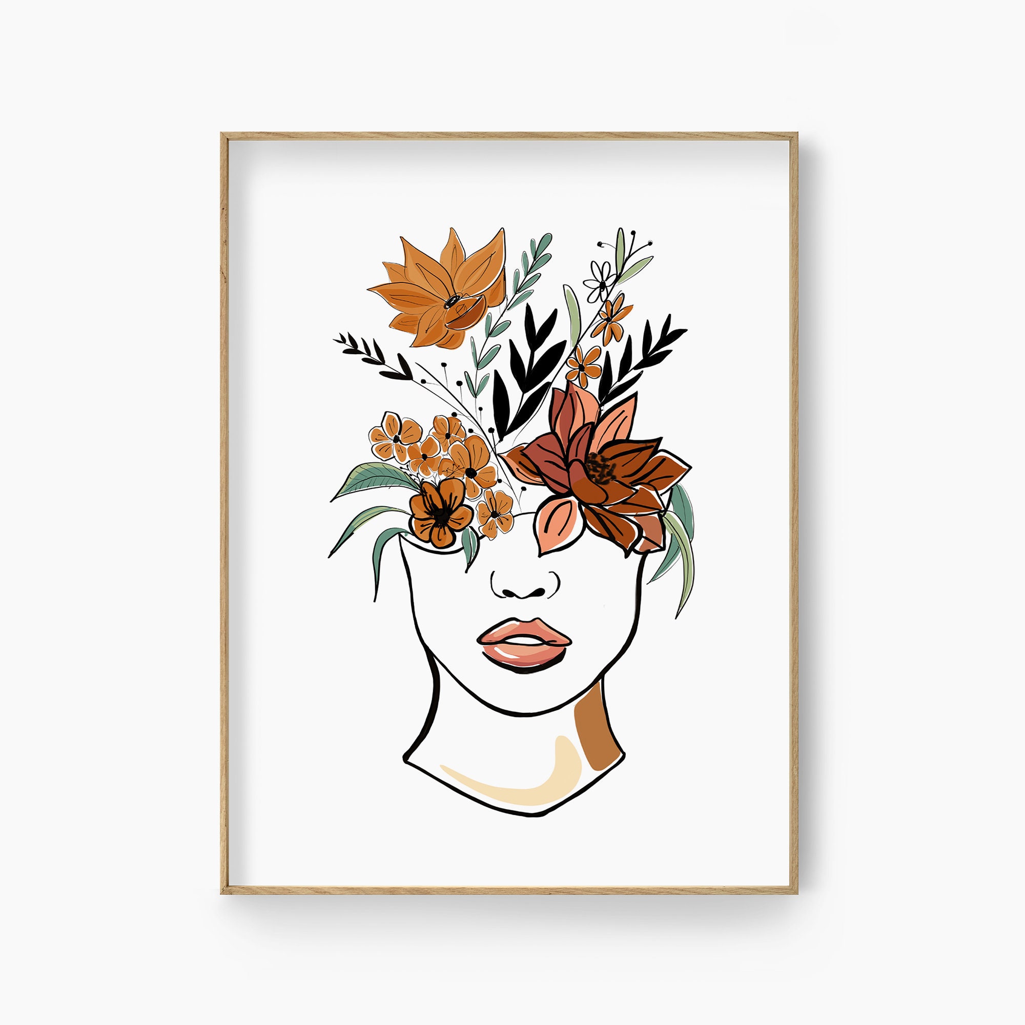 Woman Faces With Flowers Line Art Female Face Line Art Print Etsy