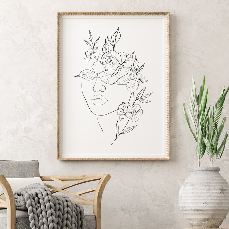 Kopf der Blumen Line Art Print Frau mit Blumen Poster Blume | Etsy Schweiz