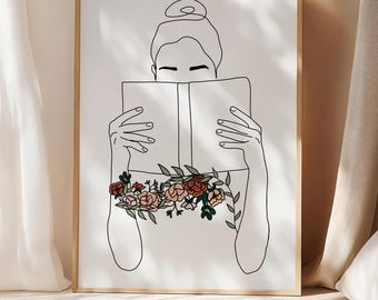 Floral Book Lover Line Art - Minimalist Reading Woman Art Poster