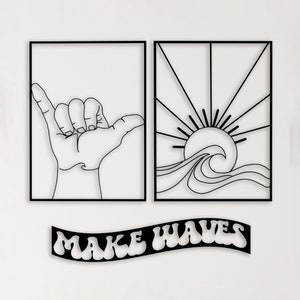 Surf Metal Wall Art Set: Shaka Hand & Wave - Beach Home Decor